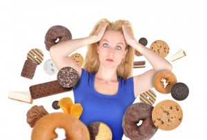 Diet Scare Woman on White with Snack Food